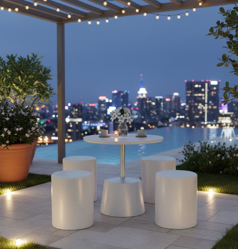 Bộ bàn ghế đá mài terrazzo tròn – Điểm nhấn tinh tế cho không gian sống